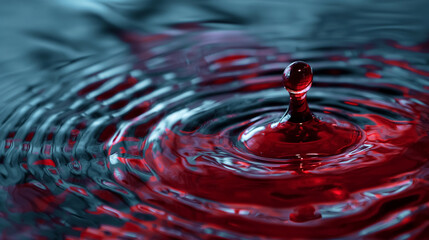 Single red drop creates ripples in water, highlighting the fluidity and dramatic contrast of colors