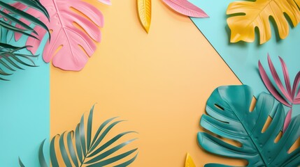 Flat lay of vibrant pink, yellow, and green artificial tropical leaves on blue and yellow backdrop