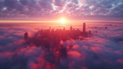 Dawn breaks over the city as fog blankets the Golden Gate Bridge, symbolizing urban awakening