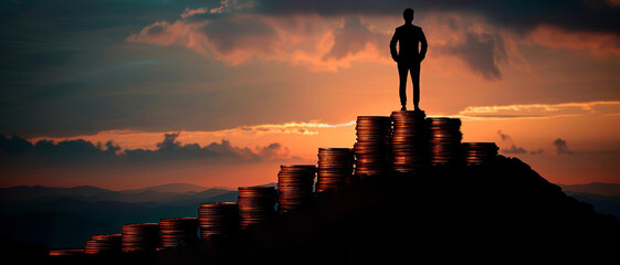 Silhouette of a businessman standing on top of a mountain of coins, representing the achievement of financial success through wise investments