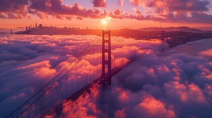 At dawn, fog blankets the city as the Golden Gate Bridge rises, signaling urban awakening - Powered by Adobe