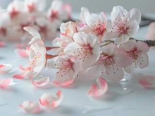 Tranquil image of a serene white surface adorned with a scattering of delicate pink and white cherry blossom petals
