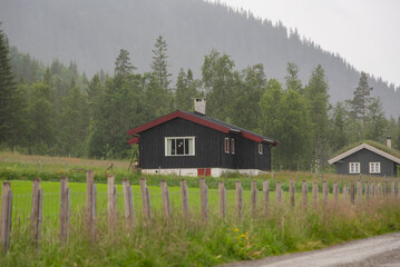 Wooden Scandinavian-style mountain houses with red and grass-covered roofs. © Emils