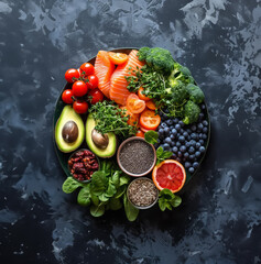 A variety of healthy foods are arranged on a plate including salmon, avocado, tomatoes, blueberries, chia seeds, and spinach.