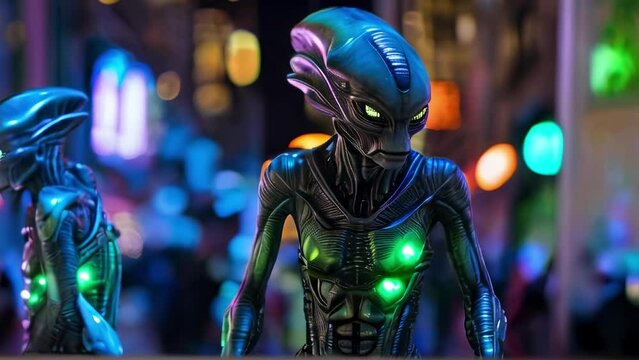 Pair of extraterrestrial beings in a neon-lit cityscape. Two futuristic aliens with glowing eyes in a vibrant urban setting. Concept of sci-fi, futuristic, neon lights, and alien beings.