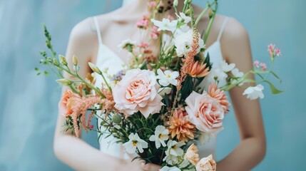 Close-up photo of a woman in a white dress holding a vibrant bouquet of flowers, featuring roses and daisies against a soft blue background