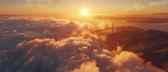 Golden Gate Bridge from the air at dawn, fog obscuring the bay, urban and natural elements merging