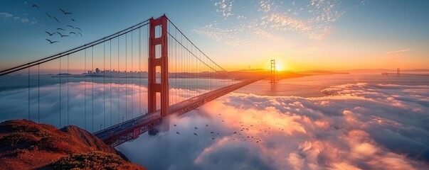 Fototapeta premium The Golden Gate Bridge towers emerge from dense fog at dawn, birds flying past, creating a serene atmosphere