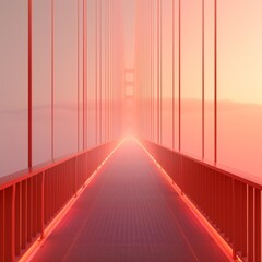 Golden Gate Bridge, dawn walkway view, cables cloaked in mist, serene stroll ambiance