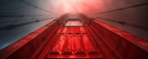 Golden Gate Bridge, close view of the tower at dawn, foggy conditions, detailed texture of the red...