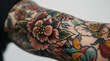 Fototapeta premium Tattoo on a person's arm, showcasing a vibrant and colorful floral design