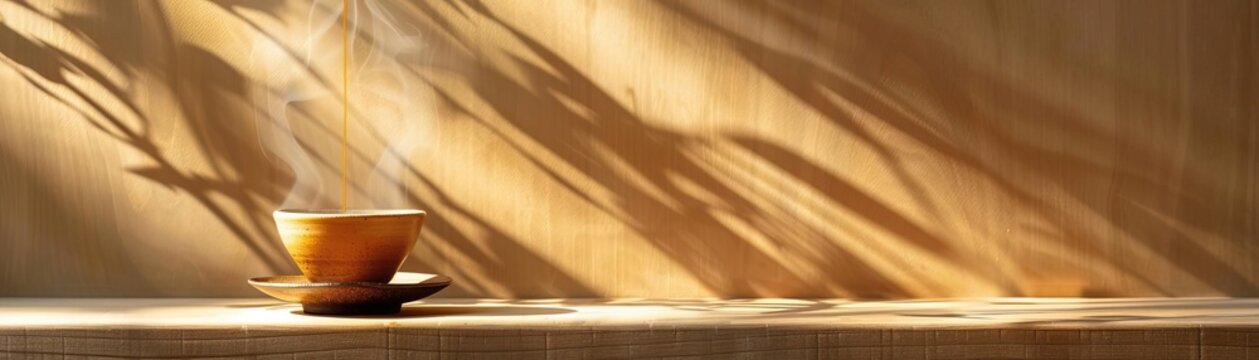A zen-like setting with a slow drip coffee maker, the coffee dripping quietly into a minimalist cup, the composition inviting focus and simplicity, wide space for copy on one side.