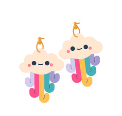Cute Children Earrings Featuring Smiling Cloud Faces With Colorful Rainbow Trails, For Jewelry Catalogues, Accessory