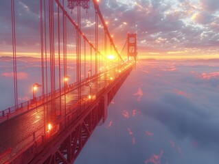 Soft golden sunlight filters through the foggy dawn, casting a tranquil mood at Golden Gate from...