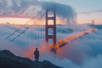 Early morning jog across Golden Gate Bridge enveloped in mist, embracing fitness motivation