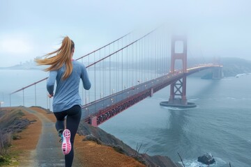 A jogger embraces the challenge on Golden Gate Bridge at dawn, with fog shrouding the pathway, embodying a motivational fitness theme - Powered by Adobe