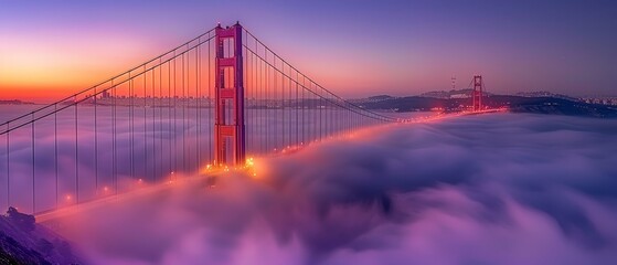 Long exposure of Golden Gate Bridge at dawn, fog creating a ghostly effect, calm waters below