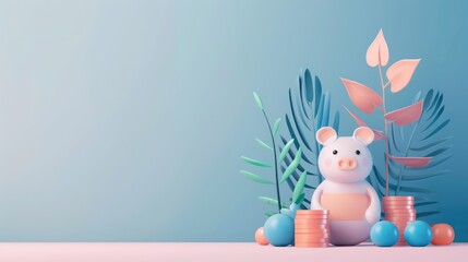 A 3D illustration of a piggy bank surrounded by stacked coins, tropical leaves, and spheres against a blue background