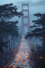 Morning rush on Golden Gate Bridge, foggy dawn commute with city skyline as backdrop