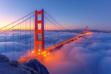 Panoramic shot of Golden Gate at dawn, fog layer below the bridge, clear sky above, breathtaking...