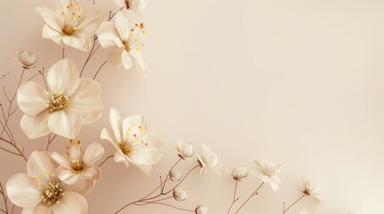 Artistic depiction of delicate white flowers with golden details against a soft beige backdrop, showcasing a sense of elegance and serenity