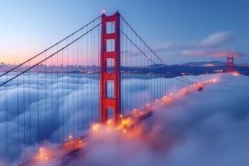 Golden Gate Bridge at dawn, full bridge visible through thinning fog, city awakens to a new day