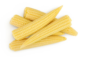 Pickled young baby corn cobs isolated on white background Top view. Flat lay