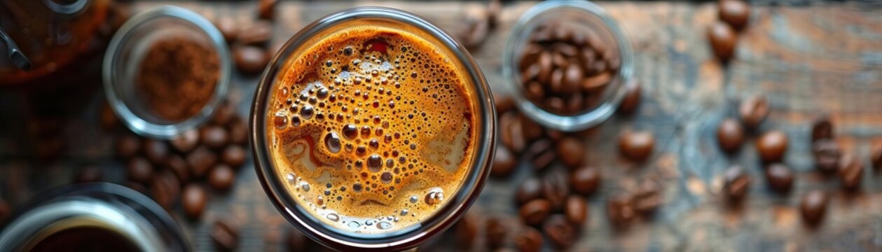 An elegant aerial view of a drip coffee maker at work, the coffee brewing process captured from above, the background softly fading, ample space for text.