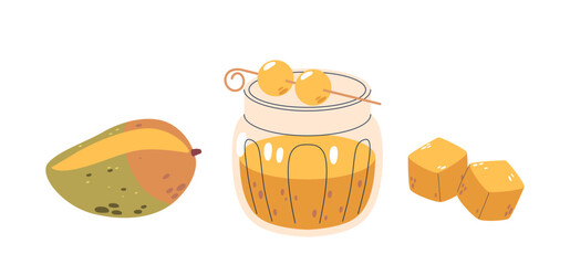 Refreshing Mango Cocktail, Served In Stylish Glass Jar, Accompanied By Fresh, Whole Mango And Neatly Cubed Pieces