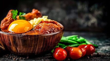Fried egg in a wooden bowl with vegetables on a black background.