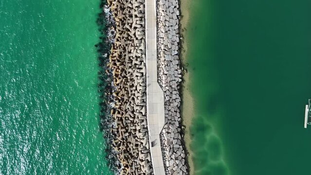 Aerial video above the breakwater of the marina in Ashkelon Israel