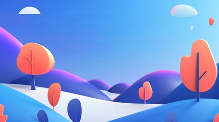 This image features a colorful abstract landscape, depicting stylized trees with hills and a gradient sky in the background