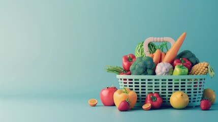 A colorful selection of healthy, fresh produce in a basket set against a calming blue background, showcasing a range of textures and vibrant colors