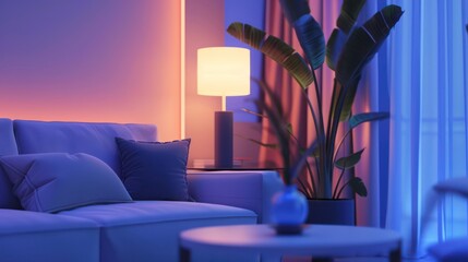 Image depicts a comfortable living room in the evening with soft lighting, featuring a couch and decorative plants