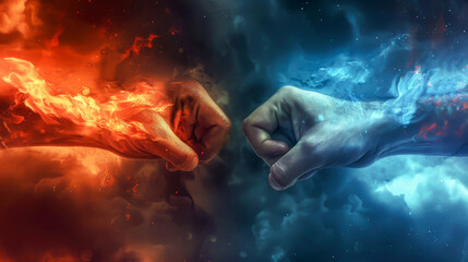 Fototapeta premium Two hands are shown in a fist, one red and one blue