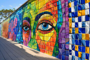 A colorful mural of two faces with blue eyes