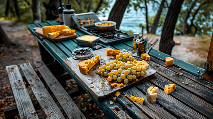 Cheese and grapes on a wooden picnic table in an autumn seaside park.