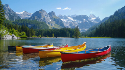 Naklejka premium Canoes on a mountain lake Picture brightly colored canoes or kayaks on a calm mountain lake