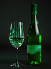 A close-up of a glass bottle filled with green herbal drink, surrounded by herbs and against a black background..