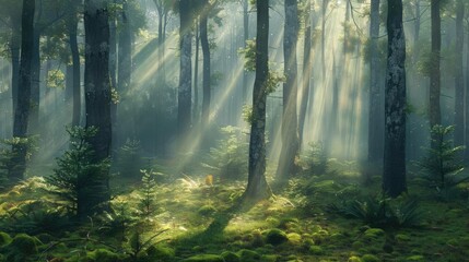 Obraz premium Misty forest with light beams Depict a dense forest enveloped in mist