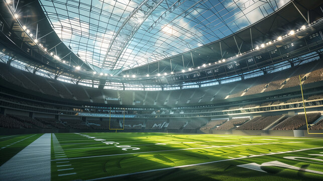 Sweeping view of a spacious, sunlit indoor dome stadium dedicated to American football