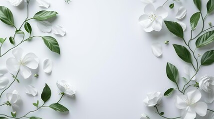 A serene composition of white flowers and green leaves arranged neatly around a white space, symbolizing purity and tranquility