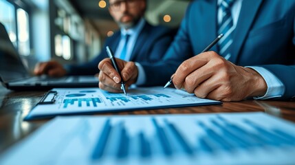 Close-up view of financial charts and professionals&#039; hands discussing business strategies in a collaborative meeting.