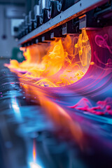 Vibrant colors seemingly flow from a paper sheet in a hightech printing process, capturing the essence of digital color transformation