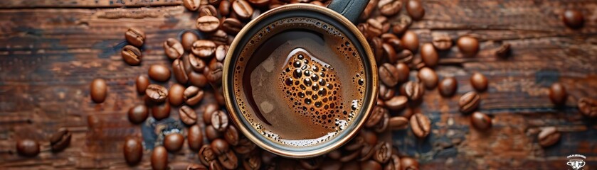 An overhead shot of a manual coffee dripper in action, fresh coffee slowly dripping into a ceramic mug, surrounded by roasted beans, central void area for text.