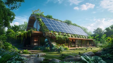 An eco-friendly home with integrated solar panels on a sloping roof, surrounded by lush gardens under a deep blue sky. 8k, realistic, full ultra HD, high resolution and cinematic photography