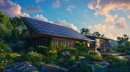 An eco-friendly home with integrated solar panels on a sloping roof, surrounded by lush gardens under a deep blue sky. 8k, realistic, full ultra HD, high resolution and cinematic photography