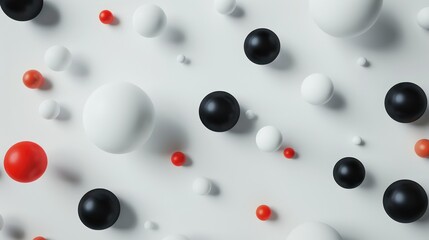 An array of spherical objects in varying sizes and colors of white, black, and red on a clean white backdrop