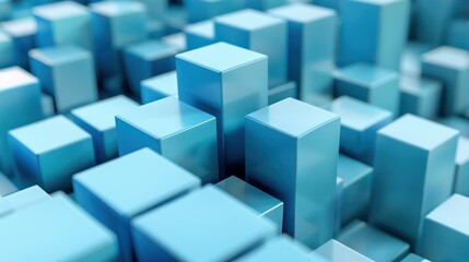Fototapeta premium This image shows a multitude of 3D-rendered metallic blue cubes with varying heights, creating an abstract pattern of geometric shapes