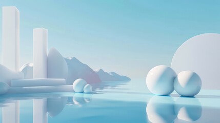 An abstract digital landscape featuring geometric shapes, serene water, and mountains reflecting soft tones